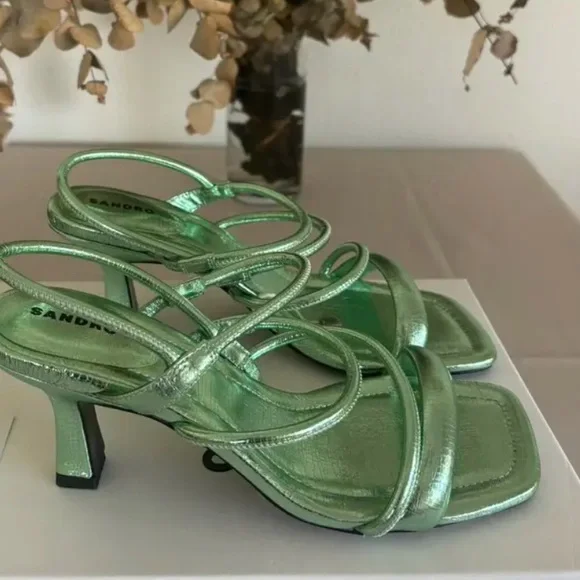 Sandro Leather Metallic Green Strappy Heels - Picture 1 of 2